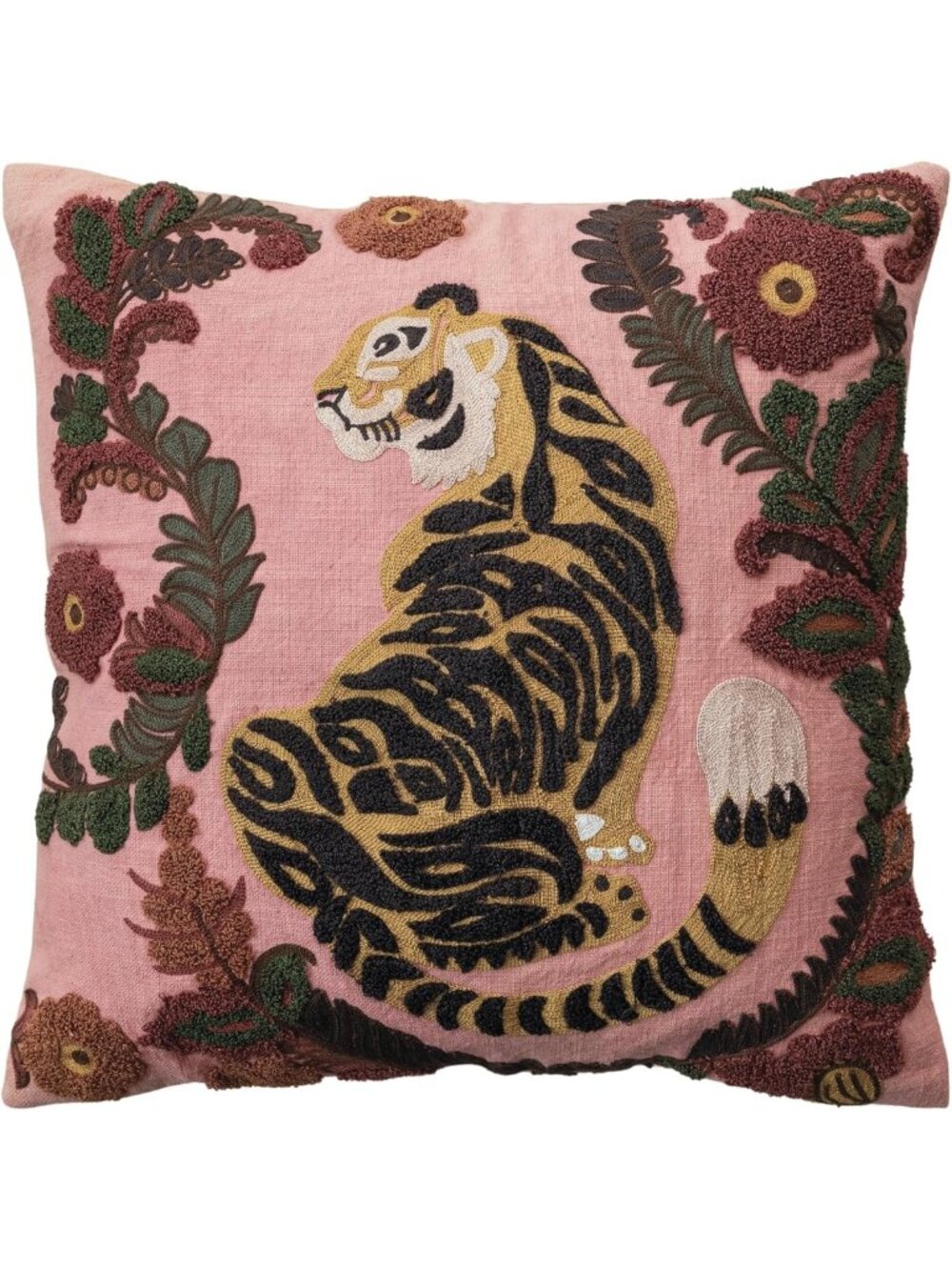 Embroidered Tiger & Floral Cotton Slub Pillow | Multicolor Decorative Cushion